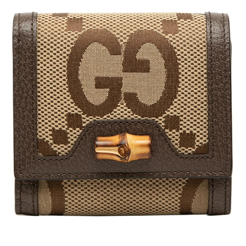 Gucci Jumbo GG Bamboo Bi fold Wallet Beige Cream Brown Canvas Leather